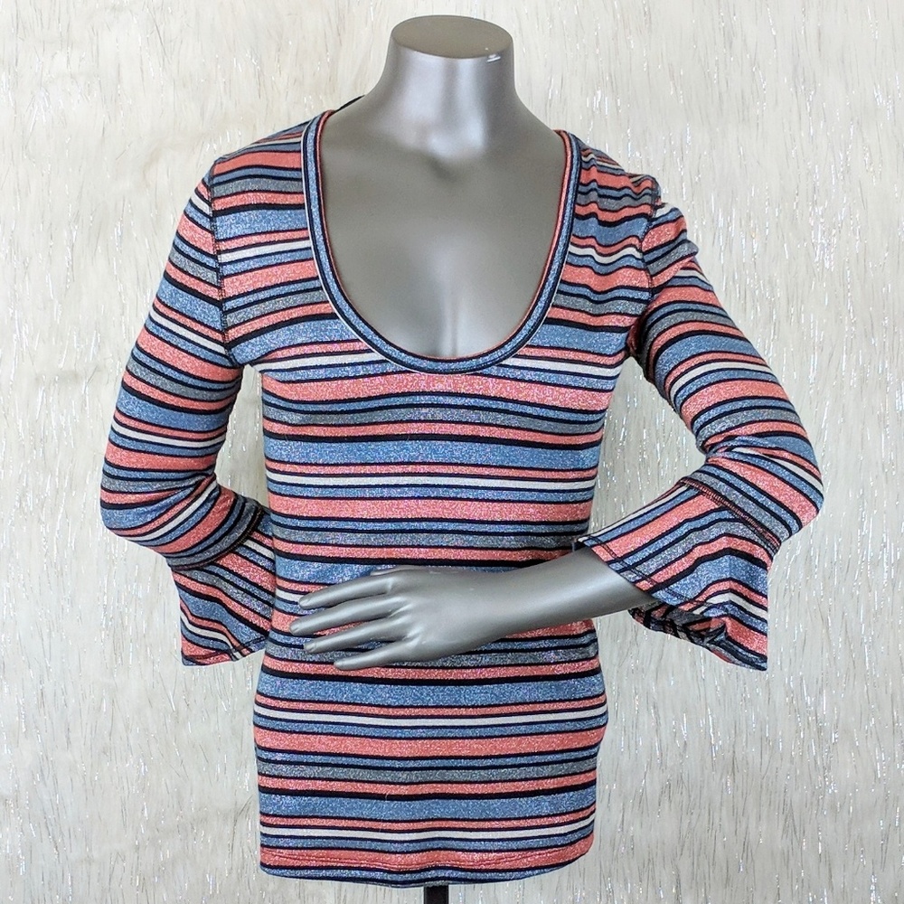 Free People | Shimmer Striped Bell Sleeved Top M - Picture 1 of 6